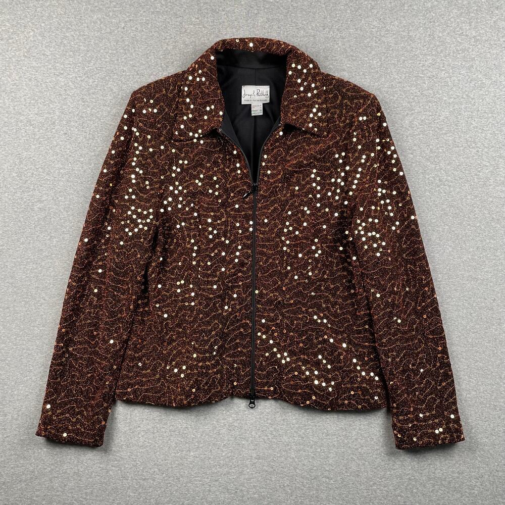 Vintage Joseph Ribkoff Jacket Womens 14 Brown Metallic Sequin Embroidered Zip Up